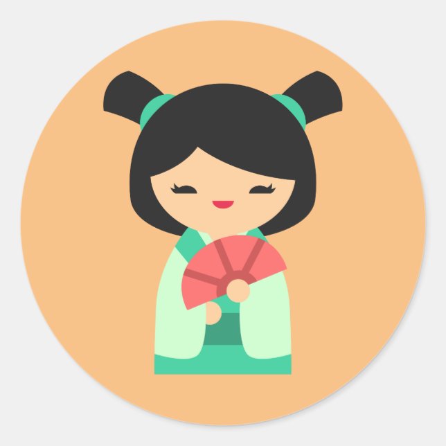 Sticker Rond Poisson rose Kokeshi Poupées japonaises (Devant)
