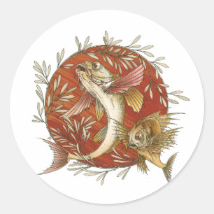 Sticker Rond Poisson volant japonais vintage et Bambou Art Feui
