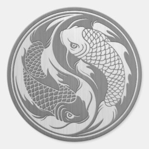 Sticker Rond Poisson Yin Yang Koi avec effet acier inoxydable