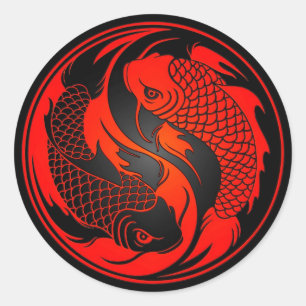 Sticker Rond Poisson Yin Yang Koi rouge et noir