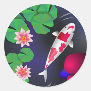 Sticker Rond Poissons de Koi de Japonais, fleurs de Lotus et