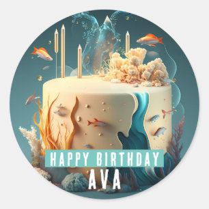 Sticker Rond Poissons de mer Coraux d'algues Câteaux Gâteau - A