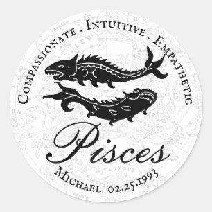 Sticker Rond Poissons Zodiac Traits Astrologie Noir Blanc Perso