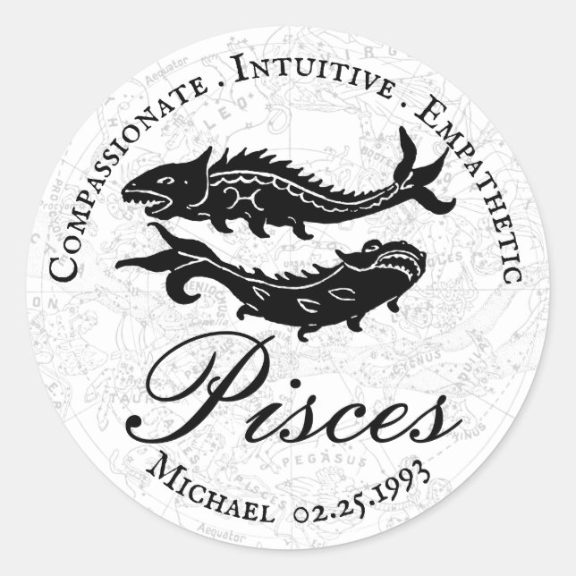 Sticker Rond Poissons Zodiac Traits Astrologie Noir Blanc Perso (Devant)