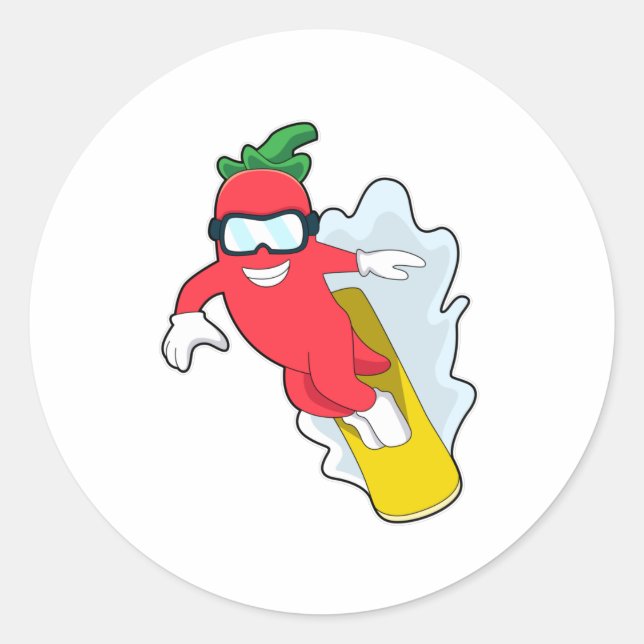 Sticker Rond Poivron au snowboard avec snowboard (Devant)