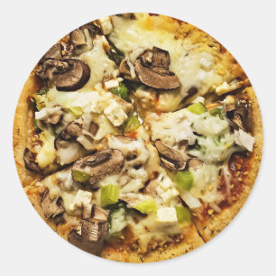 Sticker Rond Poivrons verts et pizza aux champignons