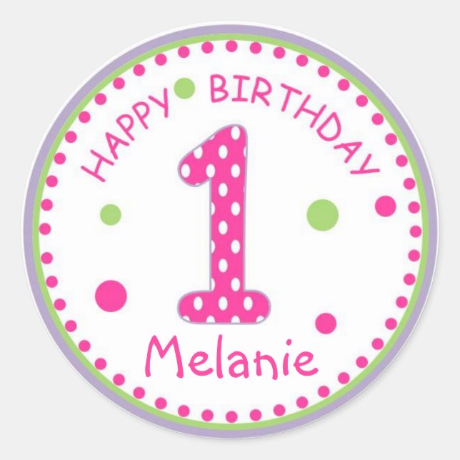 Sticker Rond Poka rose chaud point heureux anniversaire numéro  (Devant)