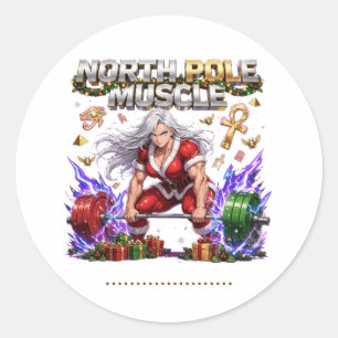 Sticker Rond Pôle Nord Muscle Mme Claus - Gym de Noël Féminin