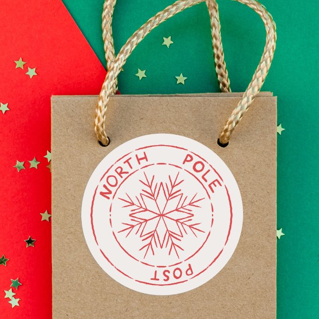 Sticker Rond Pôle Nord Post Timbre Flocon de neige Noël (North Pole Post Stamp Christmas Classic Round Sticker)