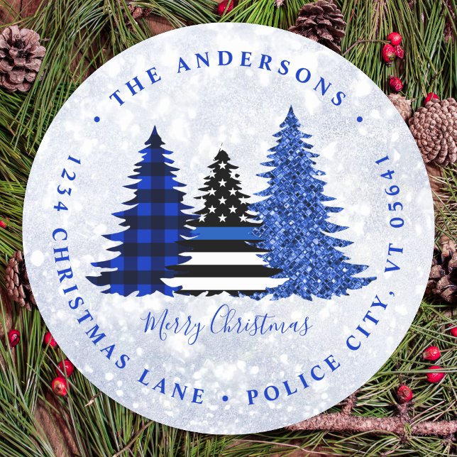 Sticker Rond Police Christmas Blue Plaid Parties scintillant Re (Créateur téléchargé)