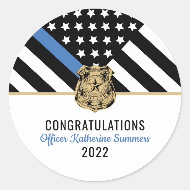 Sticker Rond Police Ligne Bleue Mince Flag Félicitations Gradua (Devant)