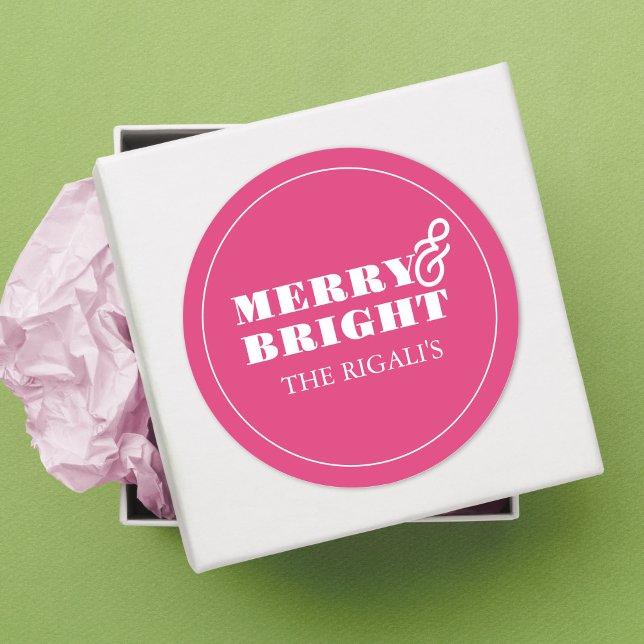 Sticker Rond Police Unique Rose Simple Merry & Bright (Christmas sticker minimalistic bright pink. )