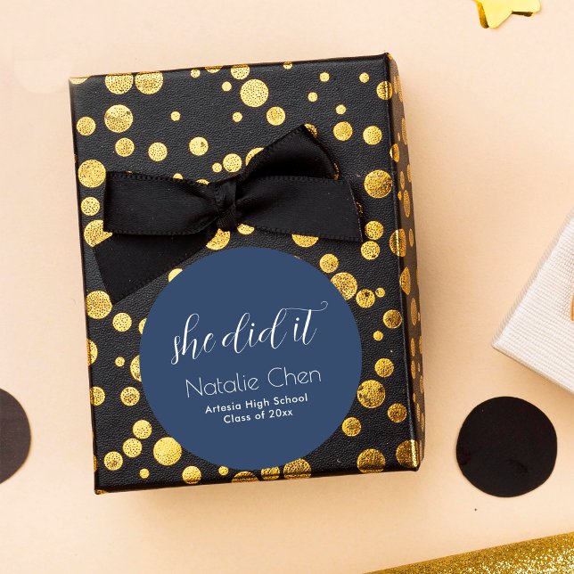 Sticker Rond Polices élégantes Bleu Moderne Diplômé (Créateur téléchargé)