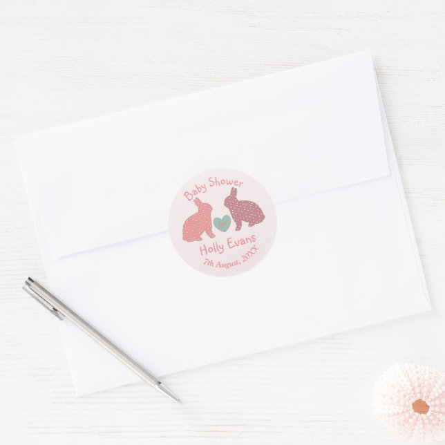 Sticker Rond Polka Dot Bunnies Baby shower Personnalisé (Enveloppe)