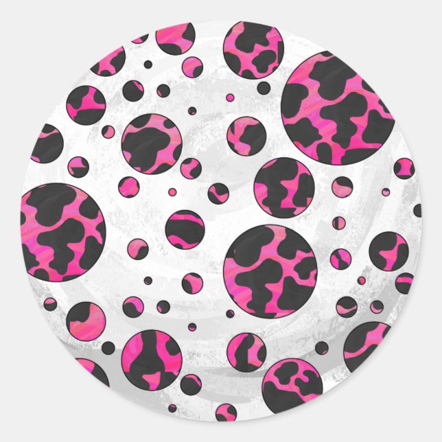 Sticker Rond Polka Dot Cow Hot Rose et Black Print (Devant)
