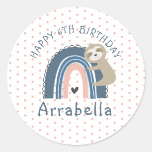 Sticker Rond Polka Dot Sloth Rainbow Photo Girl'anniversaire 6e