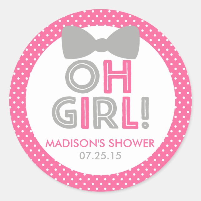 Sticker Rond Polka rose et gris point Oh Baby shower fille (Devant)