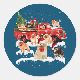 Sticker Rond Pomeranian équitation Camion Rouge Noël Joyeux Noë