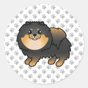 Sticker Rond Pomeranian noir et feu, chien de dessin animé mign