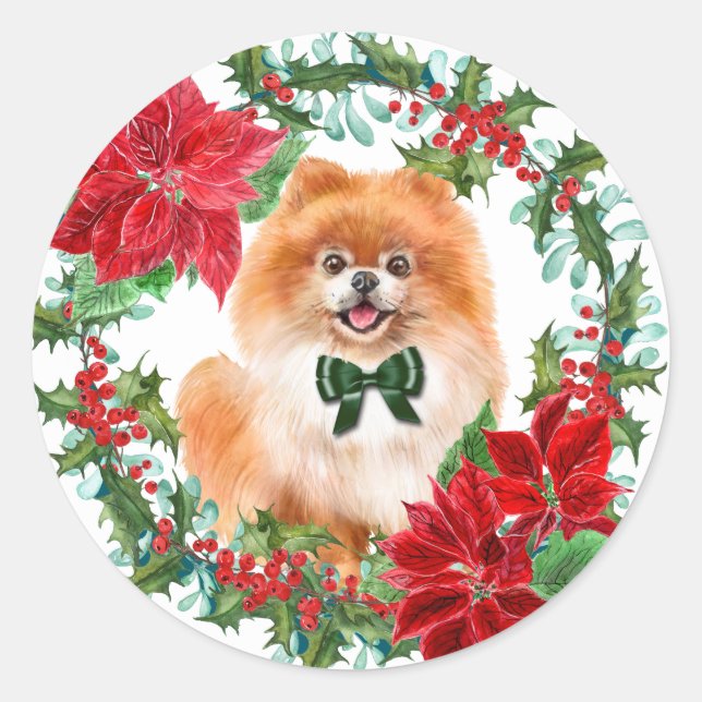 Sticker Rond Pomeranian Poinsettia Holly Wreath (Devant)