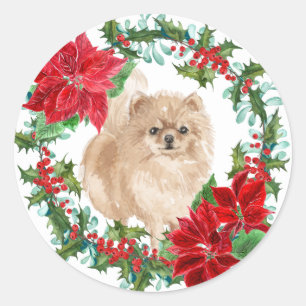 Sticker Rond Pomeranian Poinsettia Holly Wreath