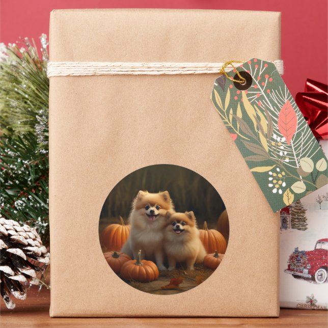 Sticker Rond Poméranien Chiot Automne Citrouille délice (vacances)