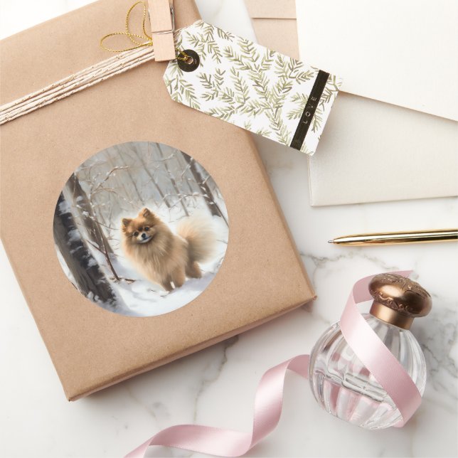 Sticker Rond Poméranienne Laisser Neige Noël (Cadeaux)