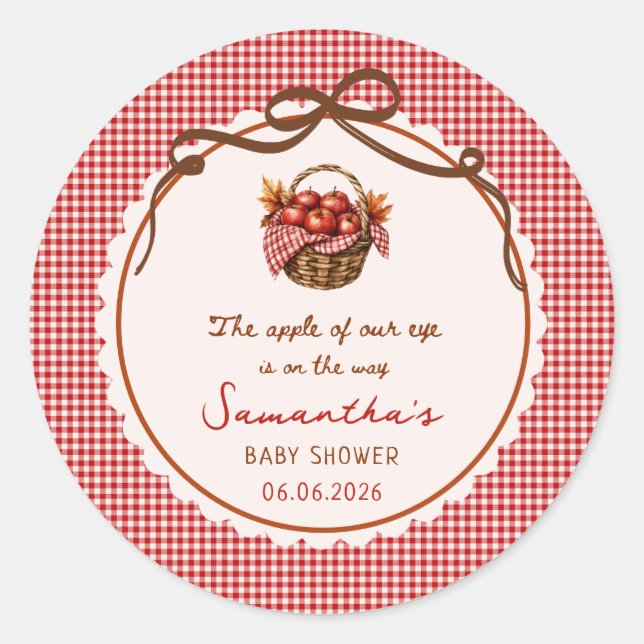 Sticker Rond Pomme De Nos Yeux Bébé Shower Gingham Rouge (Devant)