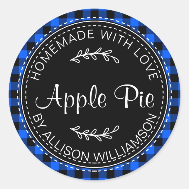 Sticker Rond Pomme maison rustique Pie Bleu Noir Plaid (Devant)