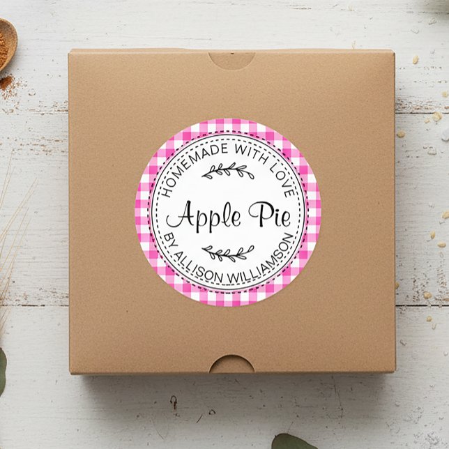 Sticker Rond Pomme maison rustique Pie Neon Pink Check (Créateur téléchargé)