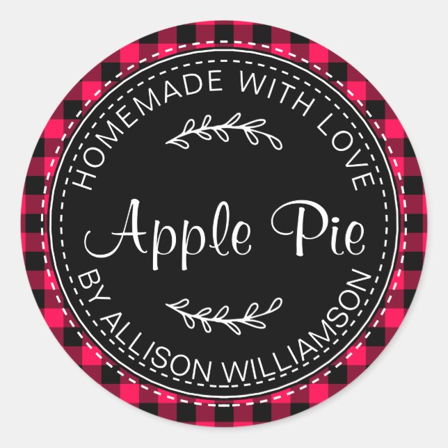 Sticker Rond Pomme maison rustique Pie rose vif Plaid noir (Devant)