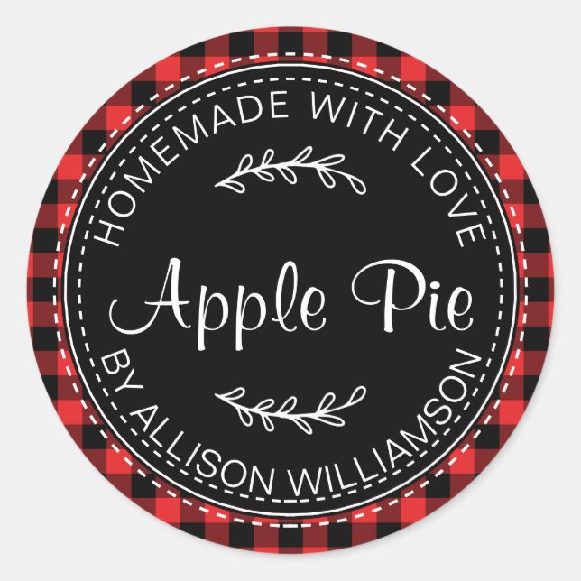 Sticker Rond Pomme maison rustique tarte rouge noir plaid (Devant)