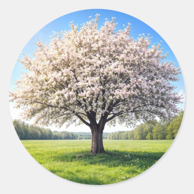 Sticker Rond Pommier en fleurs au printemps (Devant)