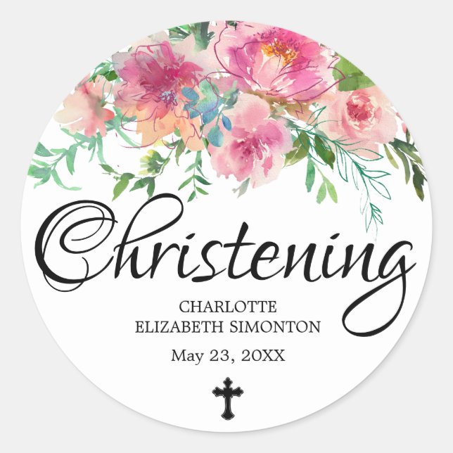 Sticker Rond Pony rose Floral et Cross Christening (Devant)