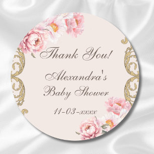 Sticker Rond Pony rose Rococo Baby shower Floral Merci