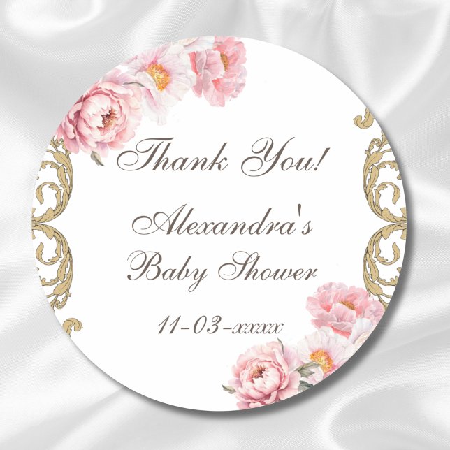Sticker Rond Pony rose Rococo Baby shower Floral Merci (Créateur téléchargé)