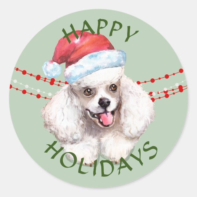 Sticker Rond Poodle blanc Santa Hat Joyeuses Fêtes (Devant)