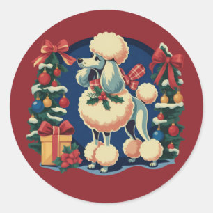 Sticker Rond Poodle de Noël Rétro Vintage 1950's Chien de Fêtes