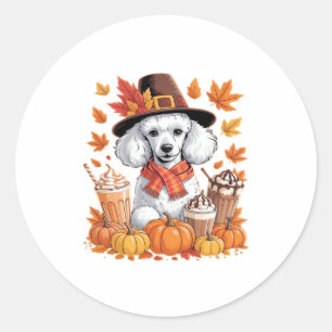 Sticker Rond Poodle de Thanksgiving Boit du Café Feuilles d'Aut