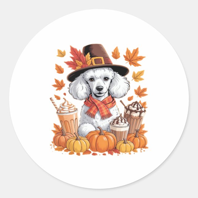 Sticker Rond Poodle de Thanksgiving Boit du Café Feuilles d'Aut (Devant)