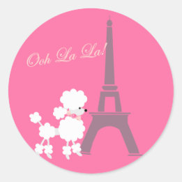 Sticker Rond Poodle Dog et Tour Eiffel Paris gris rose