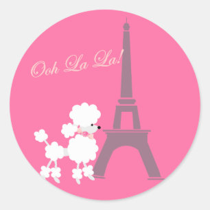 Sticker Rond Poodle Dog et Tour Eiffel Paris gris rose