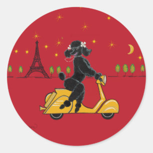 Sticker Rond Poodle noir à Paris sur scooter