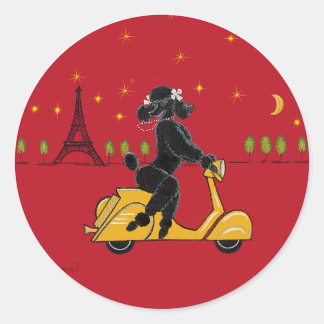 Sticker Rond Poodle noir à Paris sur scooter (Devant)