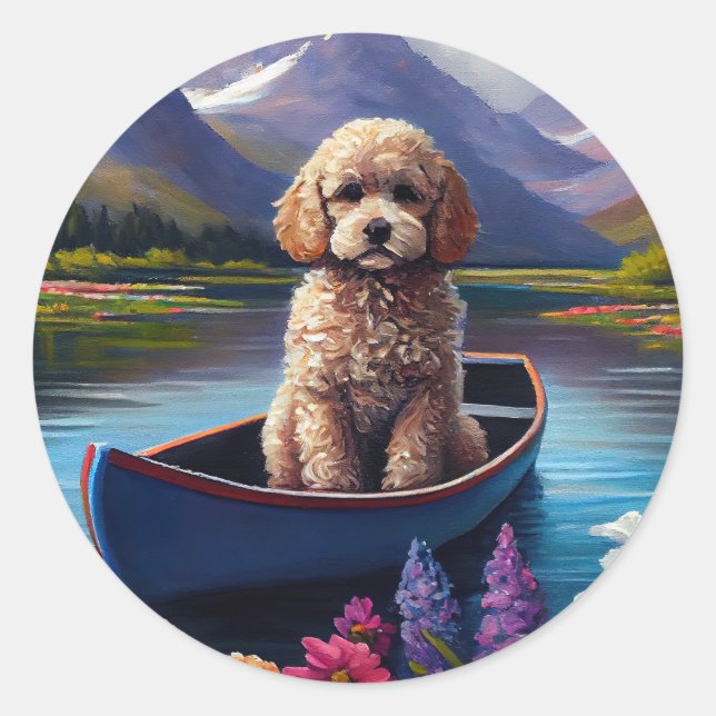 Sticker Rond Poodle sur une pagaie : une aventure Pittoresque (Devant)