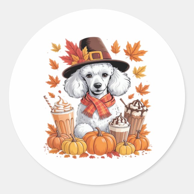Sticker Rond Poodle Thanksgiving Boissons Café Automne Feuilles (Devant)
