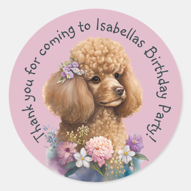 Sticker Rond Poodle violet Merci chien floral Whimsical (Devant)