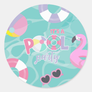 Sticker Rond Pool party Fille rose et violet Anniversaire