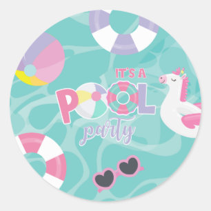 Sticker Rond Pool party Unicorn rose et violet Anniversaire