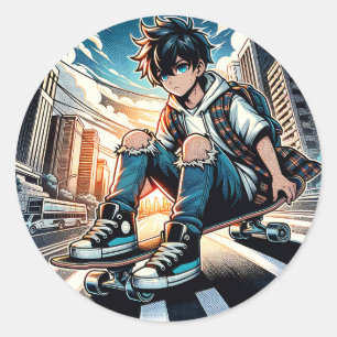 Sticker Rond Pop Art Boy sur Skateboard en ville
